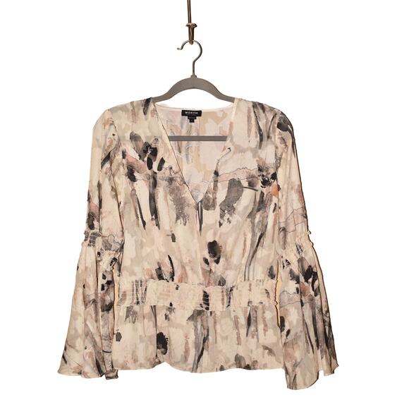 WORTH‎ NEW YORK $295 Semi-Sheer Abstract V-Neck Bell Sleeve Blouse P - Picture 1 of 3